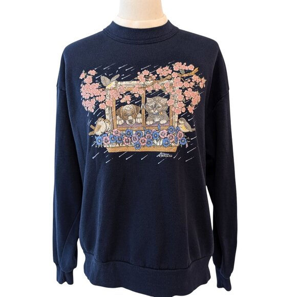Vintage Morning Sun Unisex Size L Kitty Dog Cherry Blossoms Mock Sweatshirt Top - Picture 1 of 11
